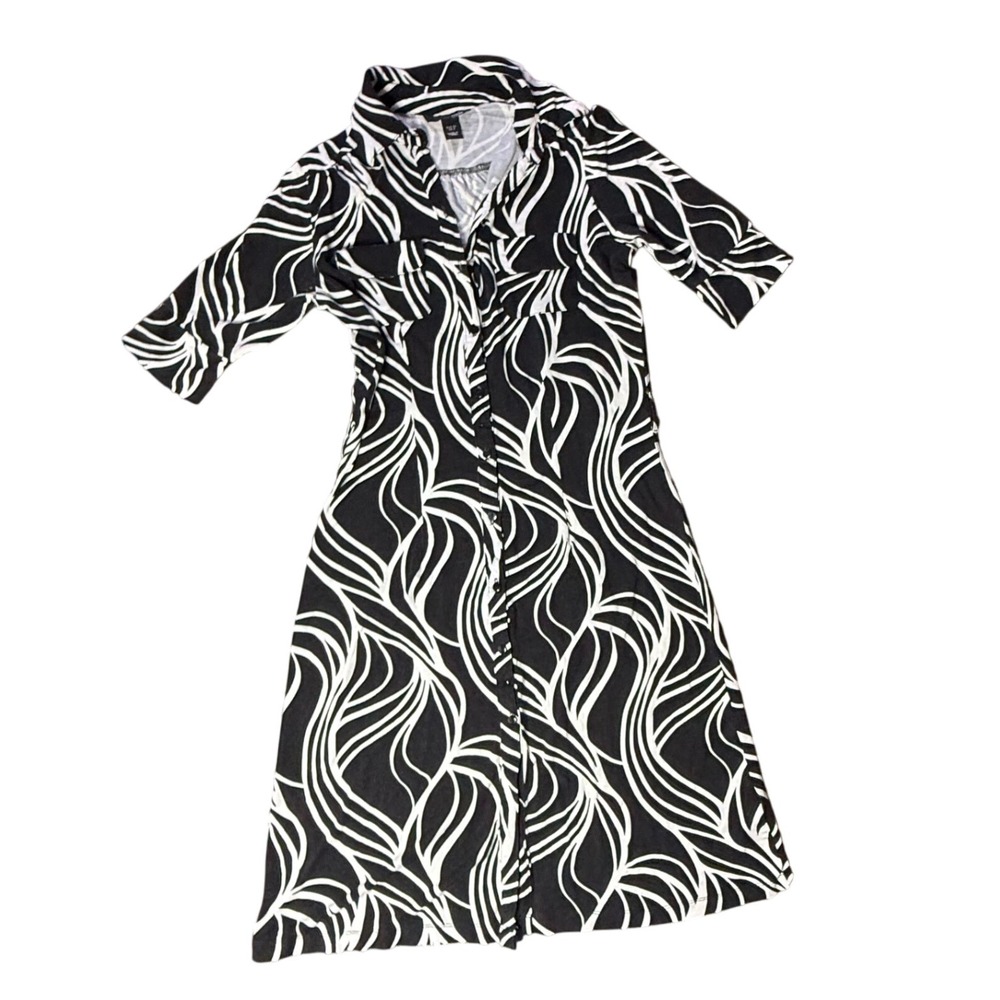 H&M Black White Print Midi Dress Short Sleeve Button Front Size US 4